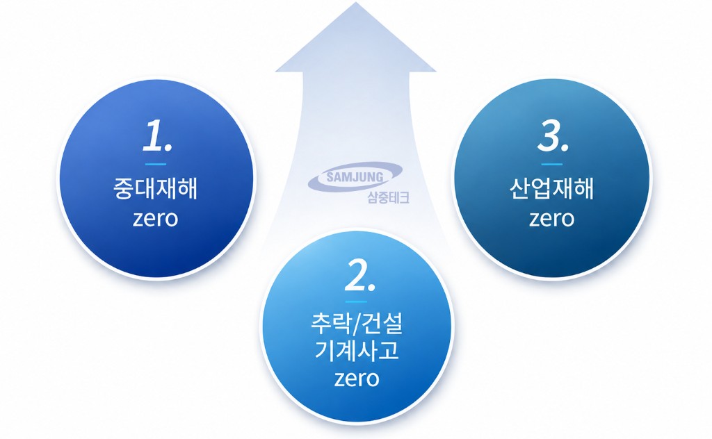 안전보건 목표 — 1. 중대재해 zero, 2. 추락/건설기계사고 zero, 3. 산업재해 zero